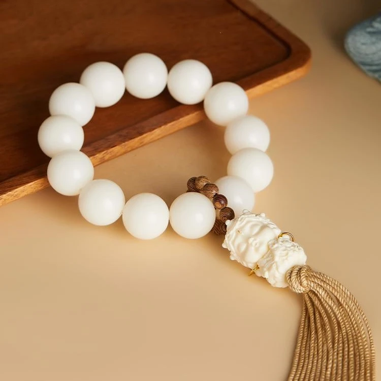 白玉菩提手持女原生态原色菩提子菩提手串配度母麻绳流苏跑环佛珠