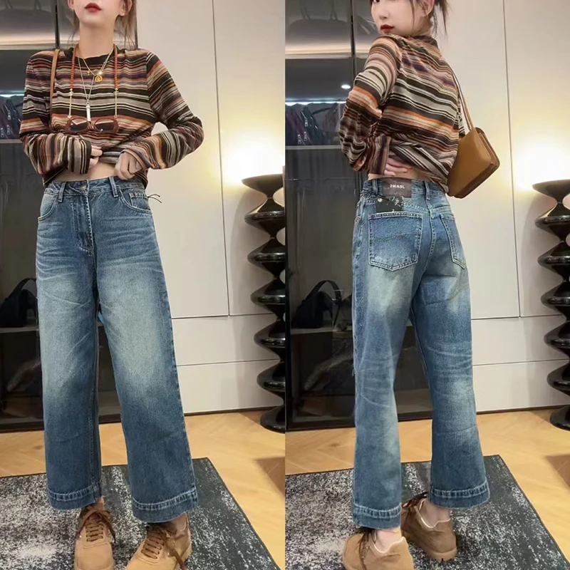 秋季新款大码蓝色九分牛仔裤女梨型身材高腰显瘦宽松直筒阔腿裤子