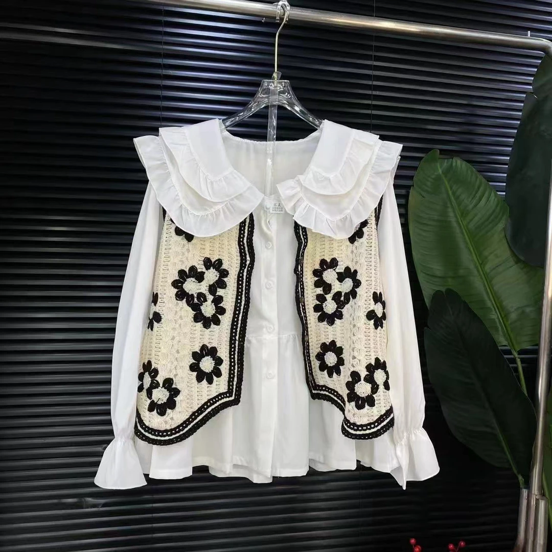 七格格推荐大码早秋时尚显瘦衬衫针织马甲两件套8527