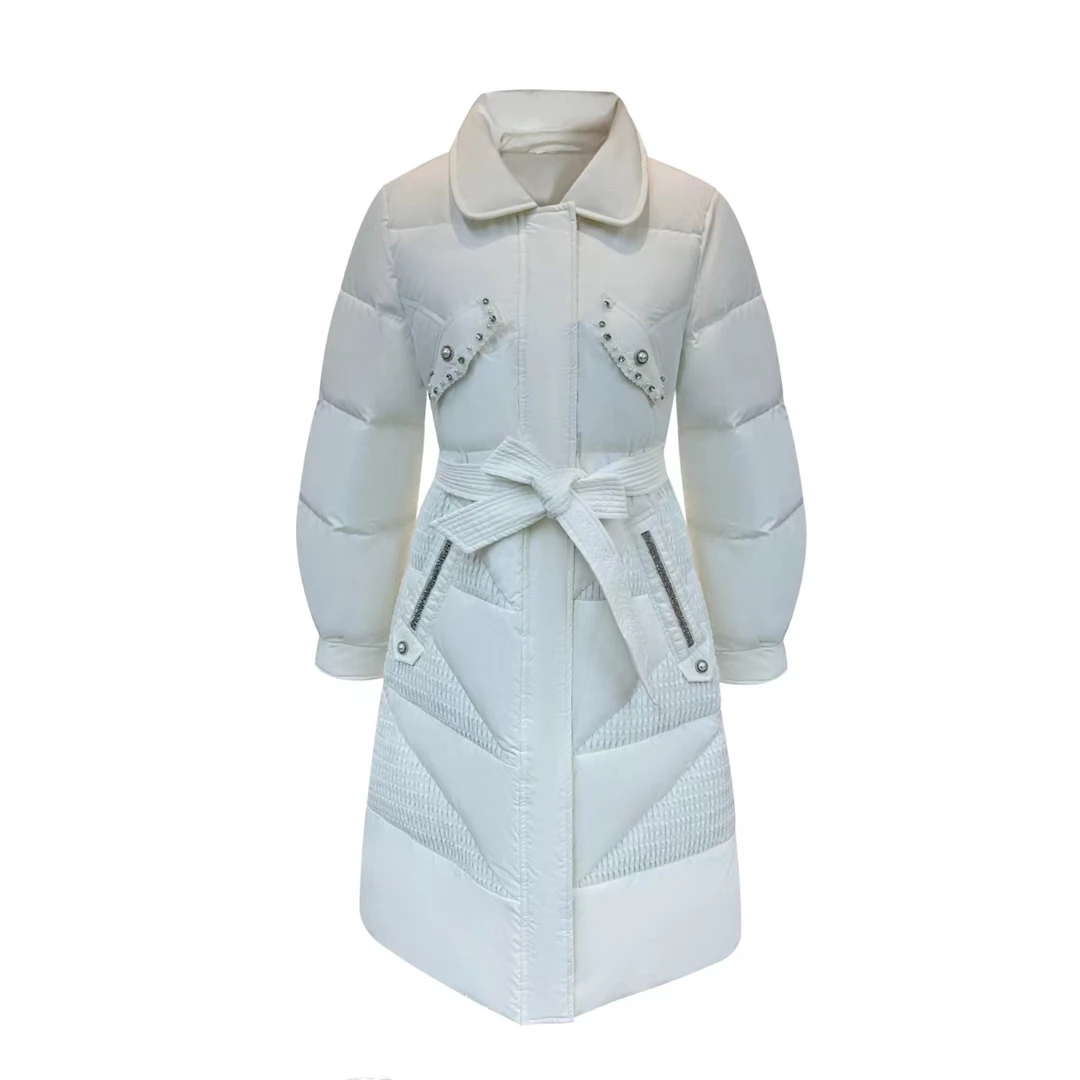 818 翻领羽绒服长款收腰腰带重工小香风长款修身无毛领