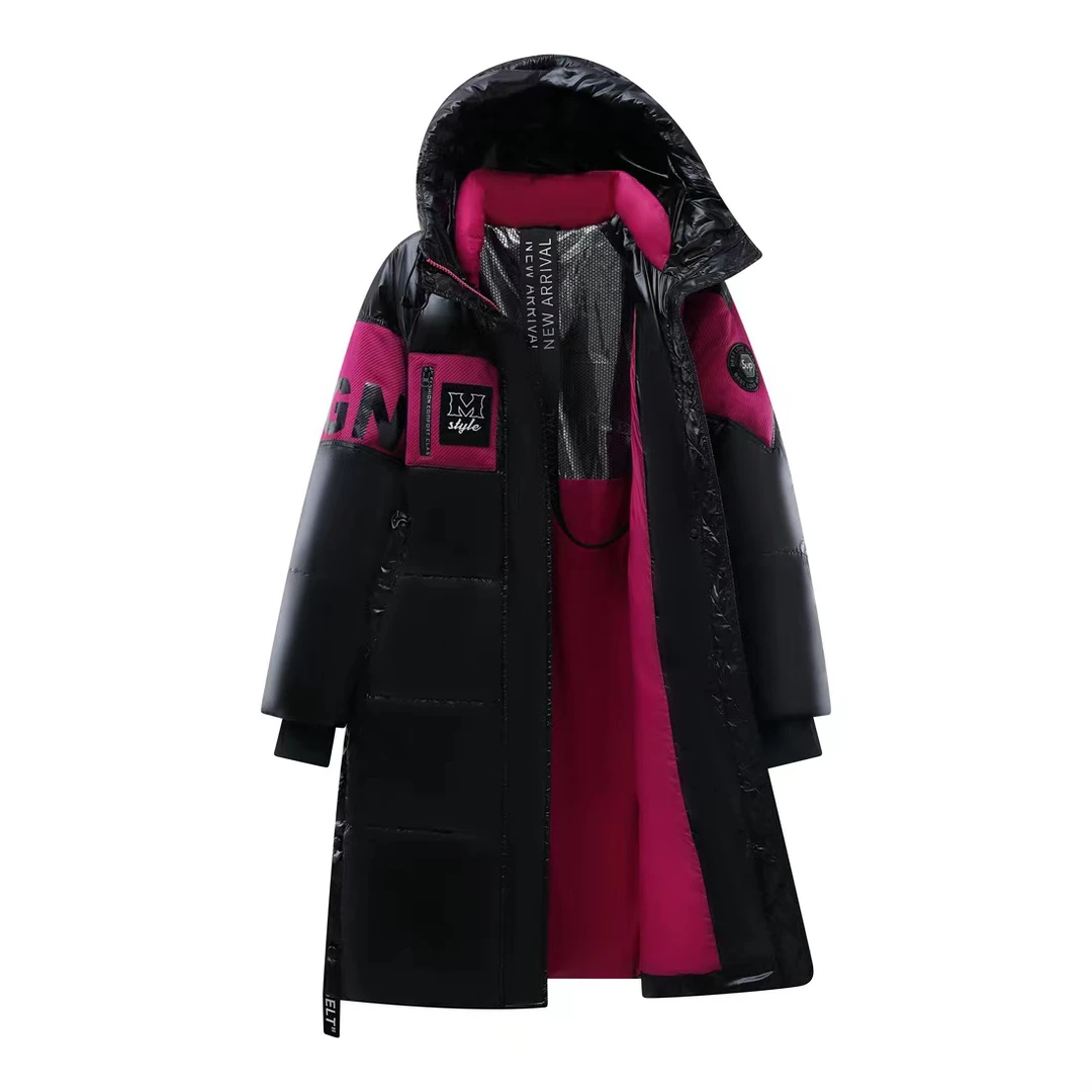 1326火龙果色鹅绒服长款黑色免洗撞色加厚羽绒服女冬季新款潮