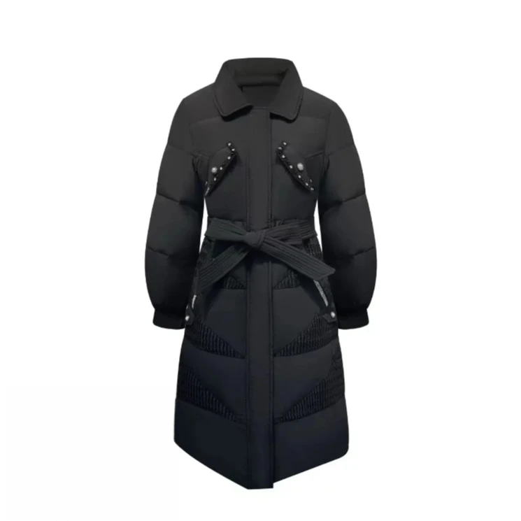 818黑色翻领羽绒服长款收腰腰带重工小香风长款修身冬