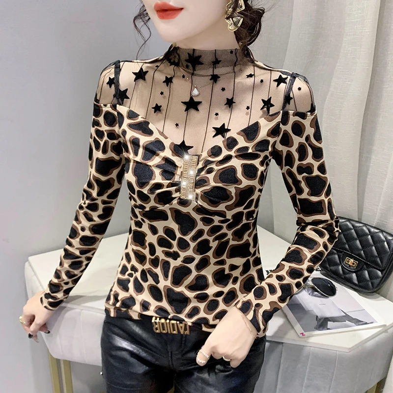 秋冬豹纹镂空长袖打底衫女时尚洋气减龄上衣气质百搭修身小衫46