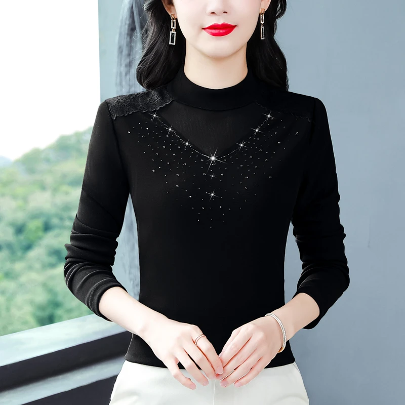 网纱加绒烫钻打底衫女秋冬时尚修身外穿内搭气质上衣洋气百小衫71