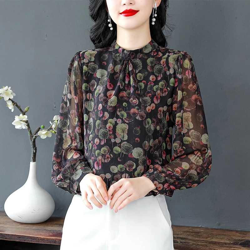 雪纺印花长袖衬衫女秋洋气时尚减龄上衣气质妈妈百搭宽松小衫310