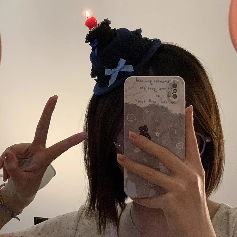 牛仔樱桃蜡烛生日帽发夹可以点燃奶油小蛋糕发饰创意小礼帽头饰