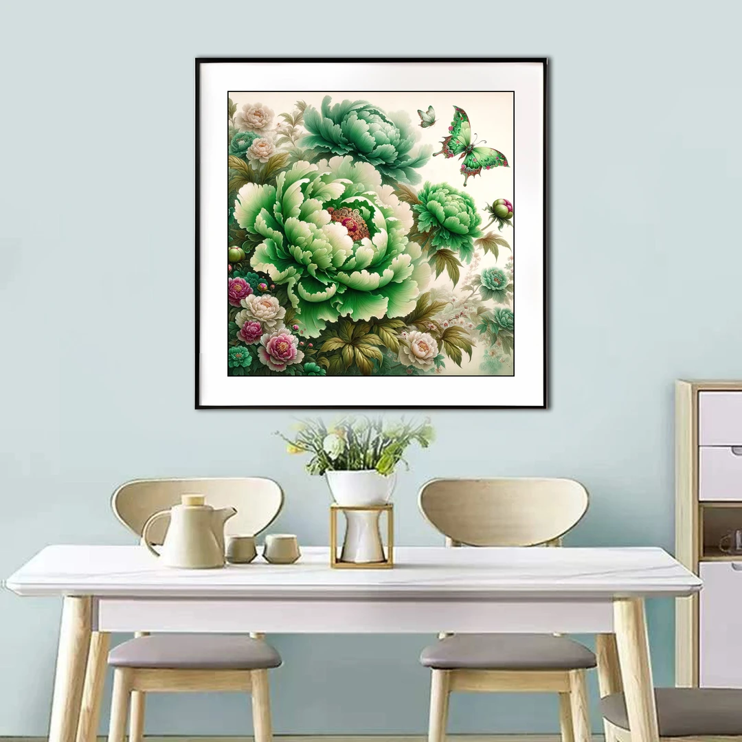 【新疆长绒棉双纱棉礼盒版】6778盛世牡丹-绿色十字绣大格/小格