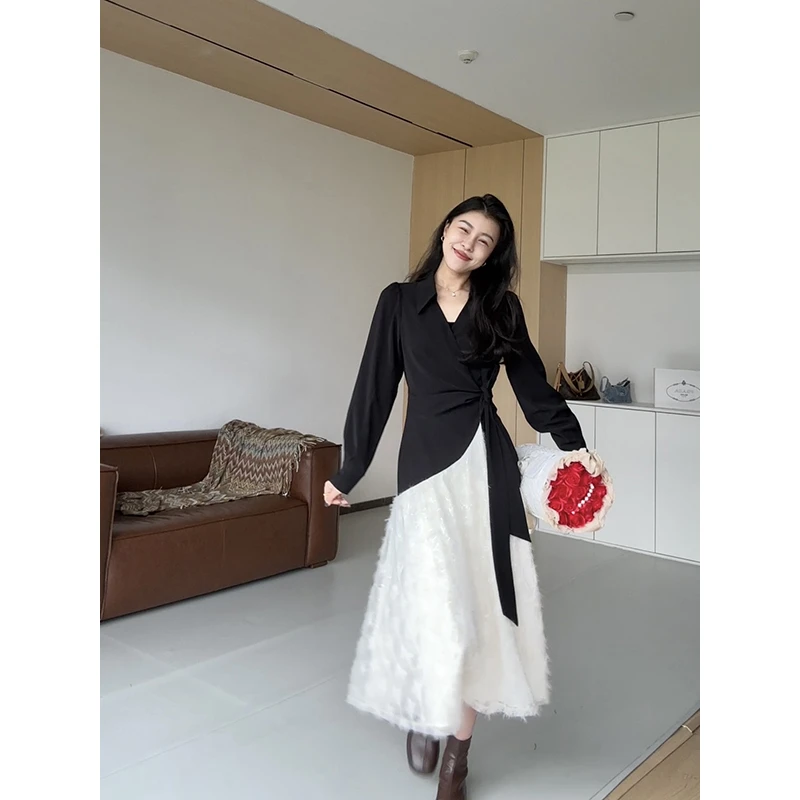 张阿星【月夜巴黎】法式黑色系带收腰修身不规则拼接毛感仙气连衣裙