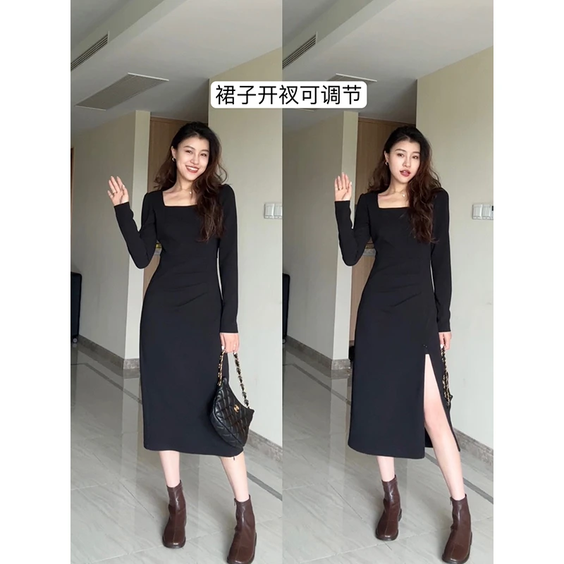 【现货48小时发】张阿星加绒黑天鹅方领收腰显瘦小黑裙W423Q06530