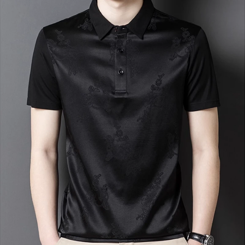 92.4%桑蚕丝短袖T恤男夏季薄款冰凉中老年休闲透气商务弹力翻领