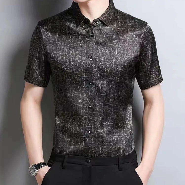 夏季男装短袖衬衫印花桑蚕丝真丝衬衣休闲免烫薄款商务时尚花衬衫