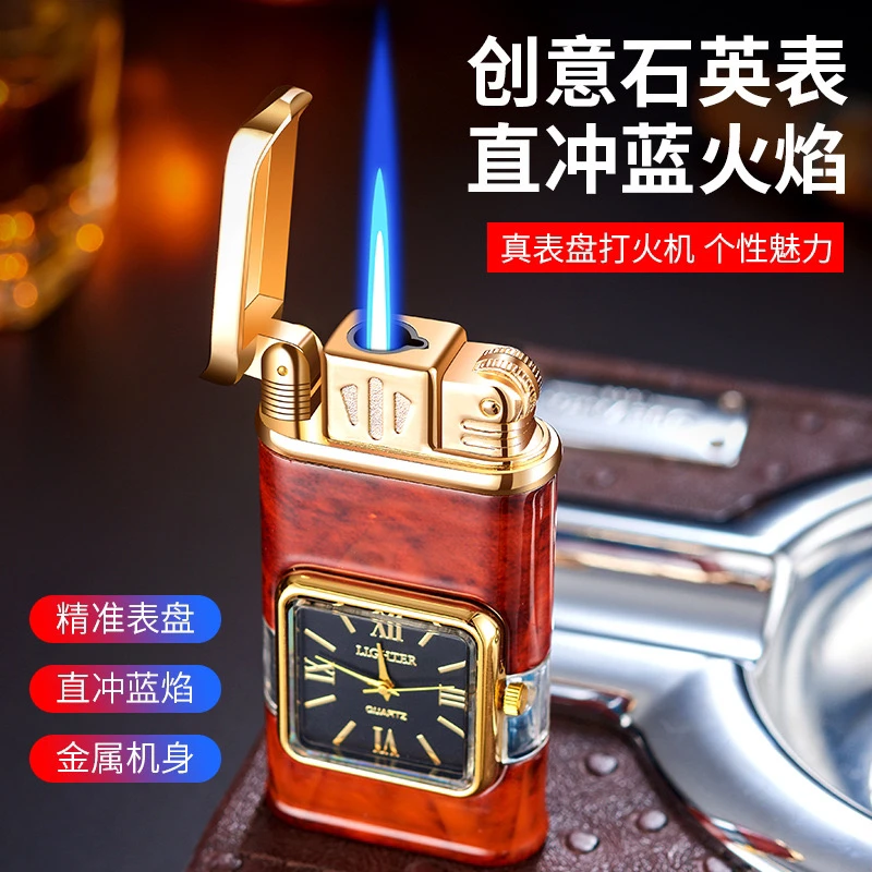 HF619砂轮直冲蓝焰创意真表盘充气防风打火机透明可视气窗打火机