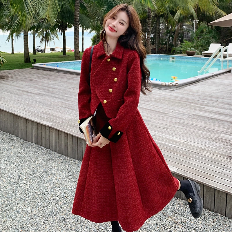 新年红色小香风套装裙2024早春新款时尚气质今年流行半身裙两件套