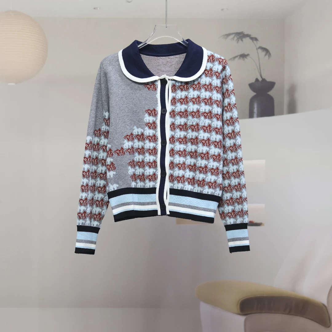 【7346】高品质原创设计蓝色时尚个性图案针织开衫杰