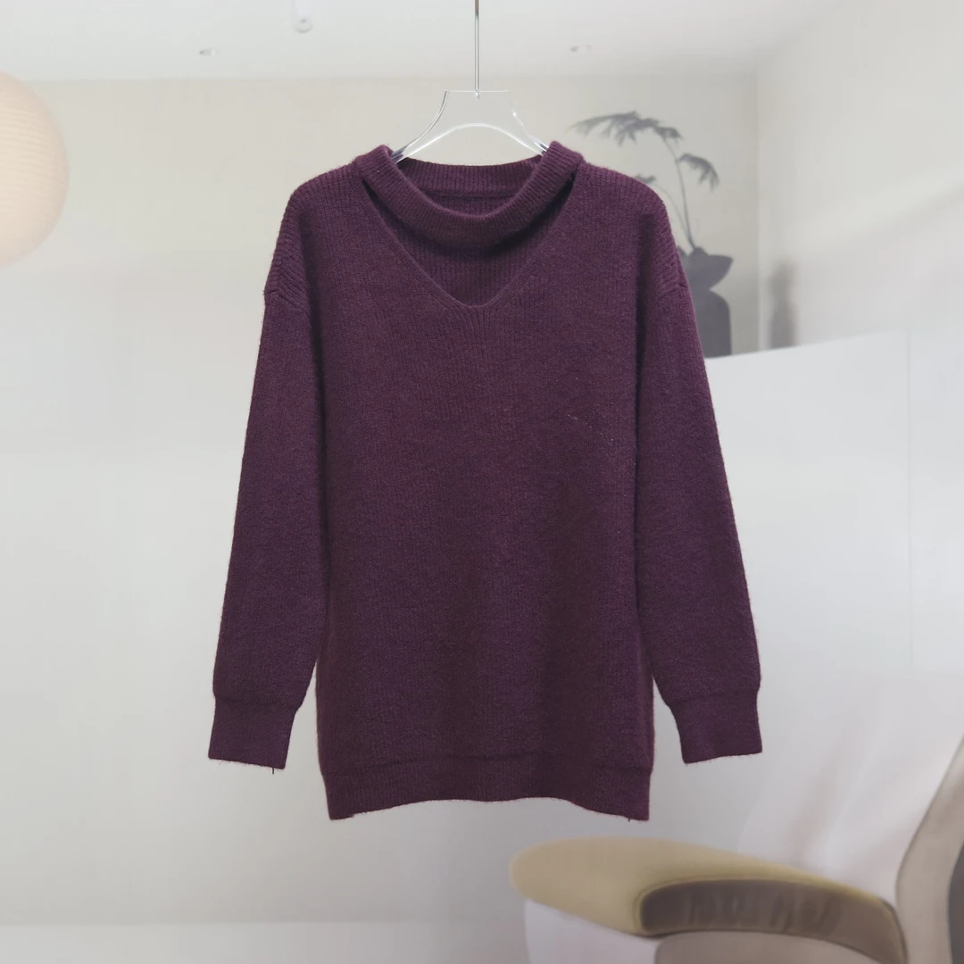 【8073】高品质原创设计紫色时尚百搭领子镂空针织衫即