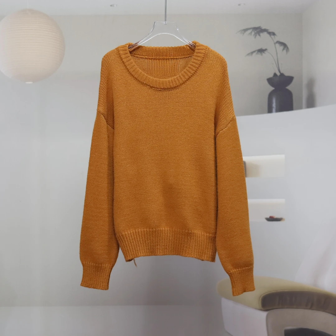 【7676】高品质原创设计桔色时尚百搭糖果色圆领针织衫伊