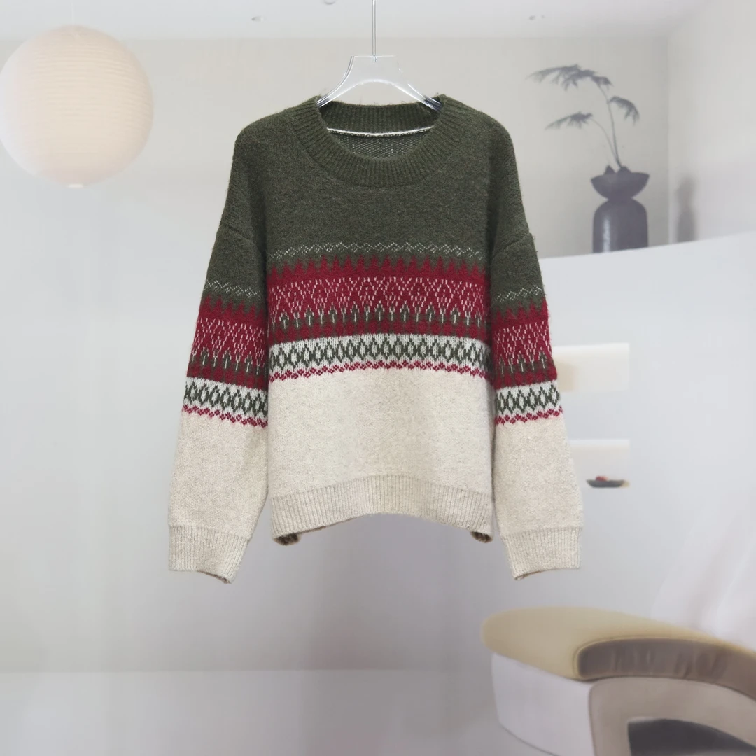 【7716】高品质原创设计绿色复古提花费尔岛毛衣D