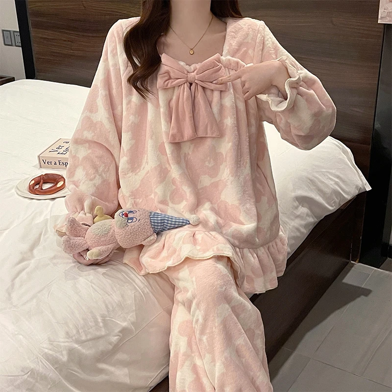 公主风睡衣女秋冬季加厚珊瑚绒法兰绒2025新款甜美花朵家居服套装