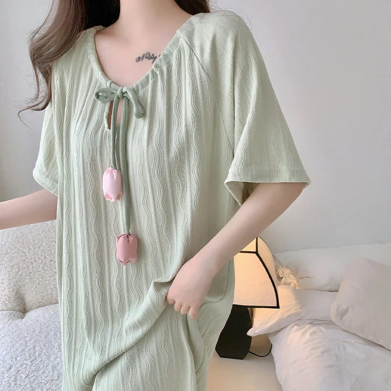 甜美蝴蝶结郁金香短袖睡裙女款夏季2025新款纯棉套头睡衣家居服薄