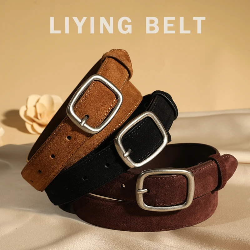 皮带女真皮麂皮绒腰带复古银扣时尚百搭配牛仔裤高质感牛皮裤带女
