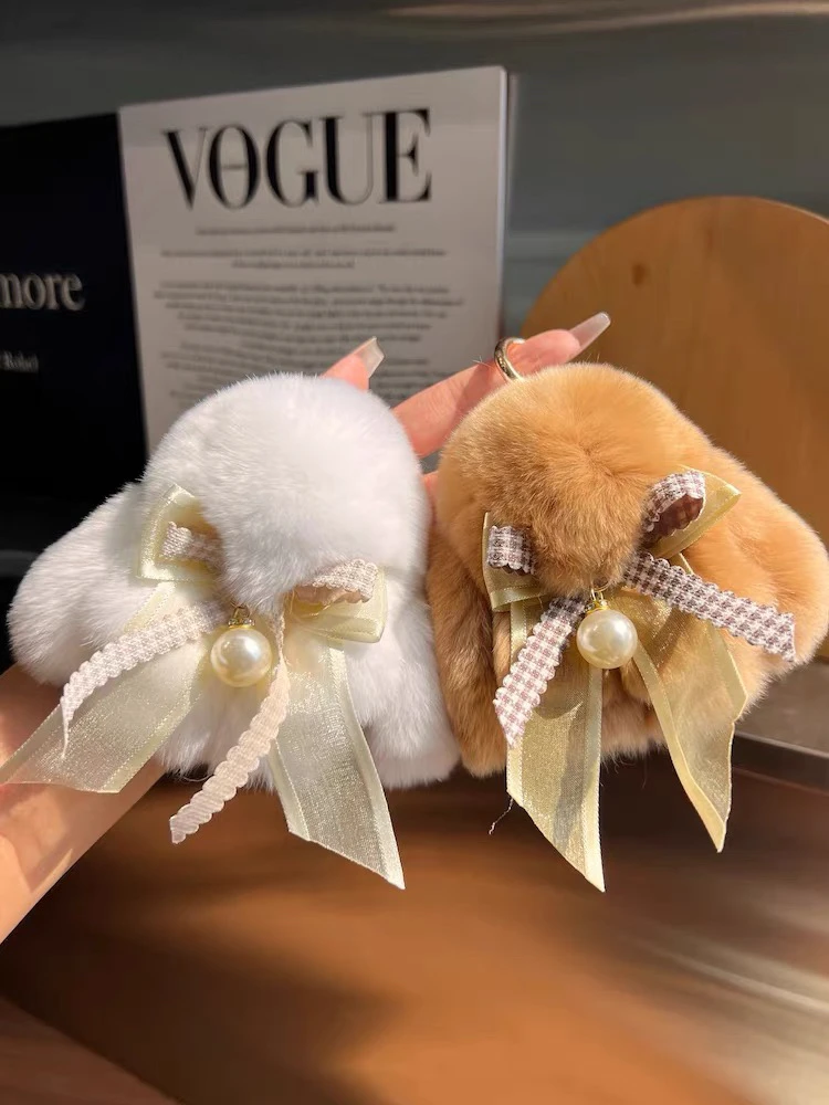 可爱真獭兔毛蝴蝶结珍珠小兔子汽车钥匙扣挂件毛绒公仔书包包挂饰