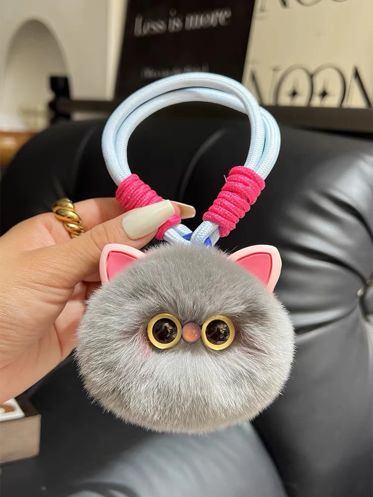 可爱獭兔毛手绳小猫咪汽车钥匙扣挂件毛绒公仔玩偶书包包挂饰礼物