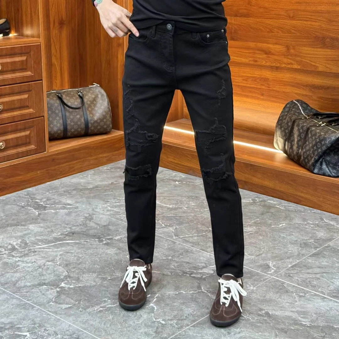 2024秋冬新款男士假破洞黑色韩版净版牛仔裤YC6206