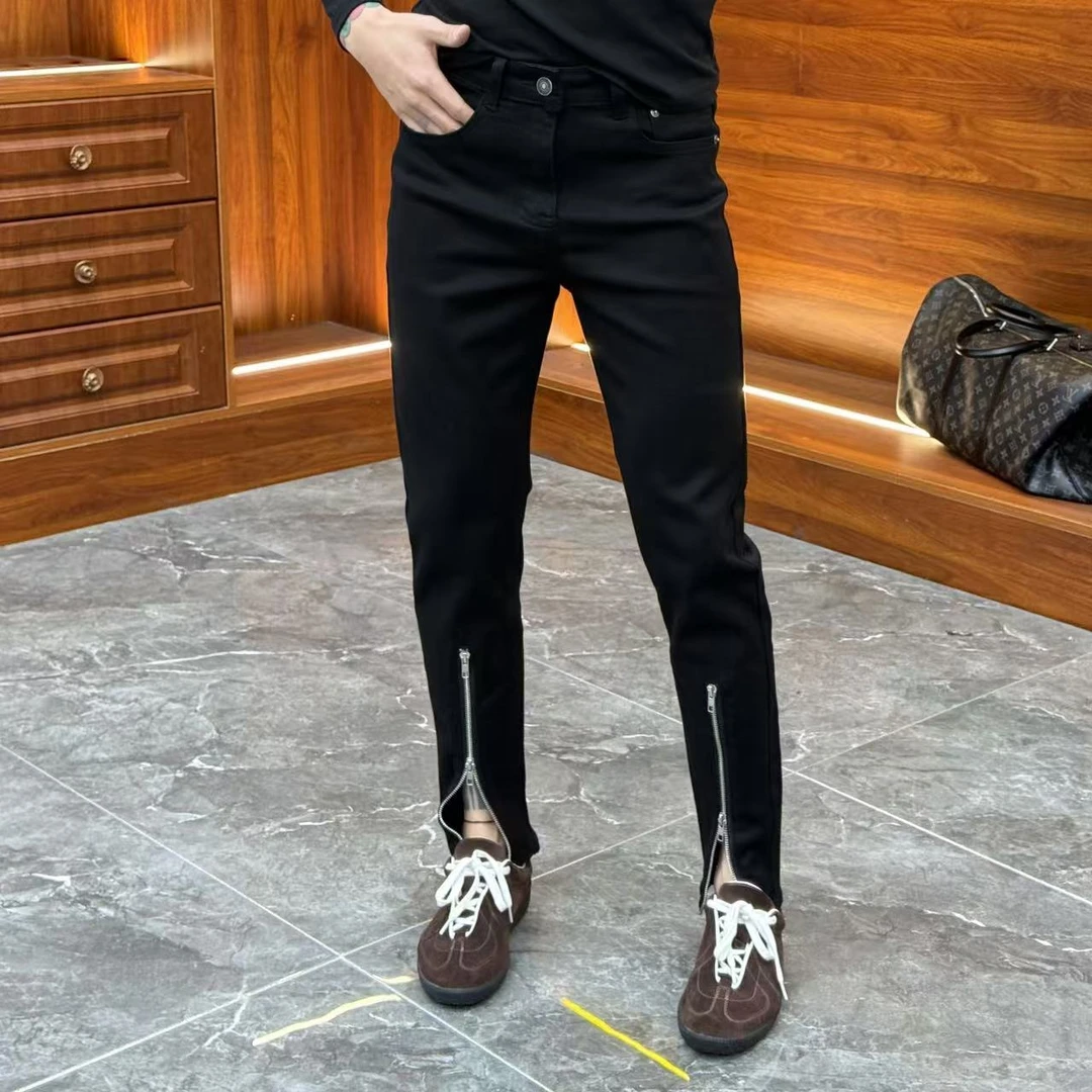 2024秋冬新款时尚休闲百搭净版黑色裤脚拉链男士牛仔裤Yc6215