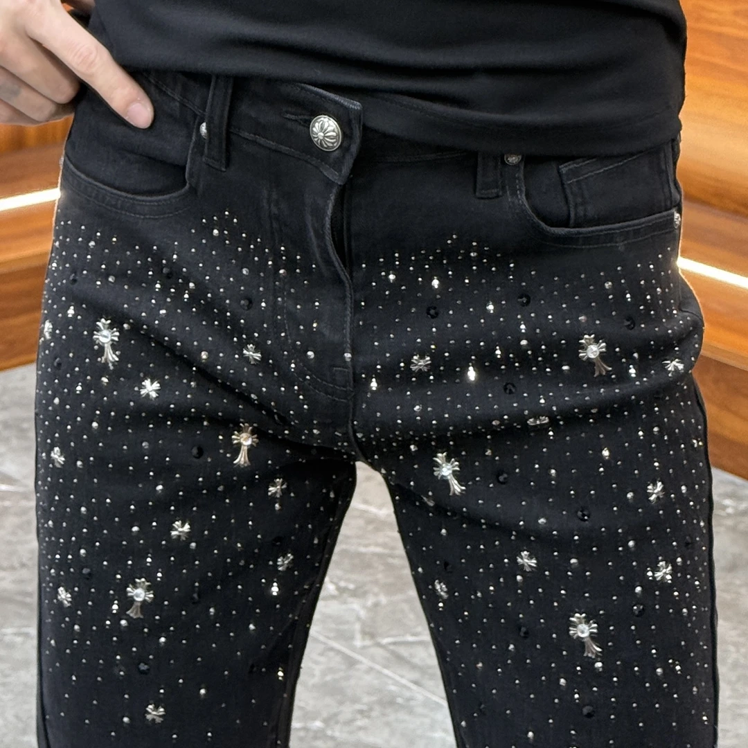 2024秋冬新款时尚休闲百搭亮钻工艺潮流男士韩版小脚牛仔裤YC9301