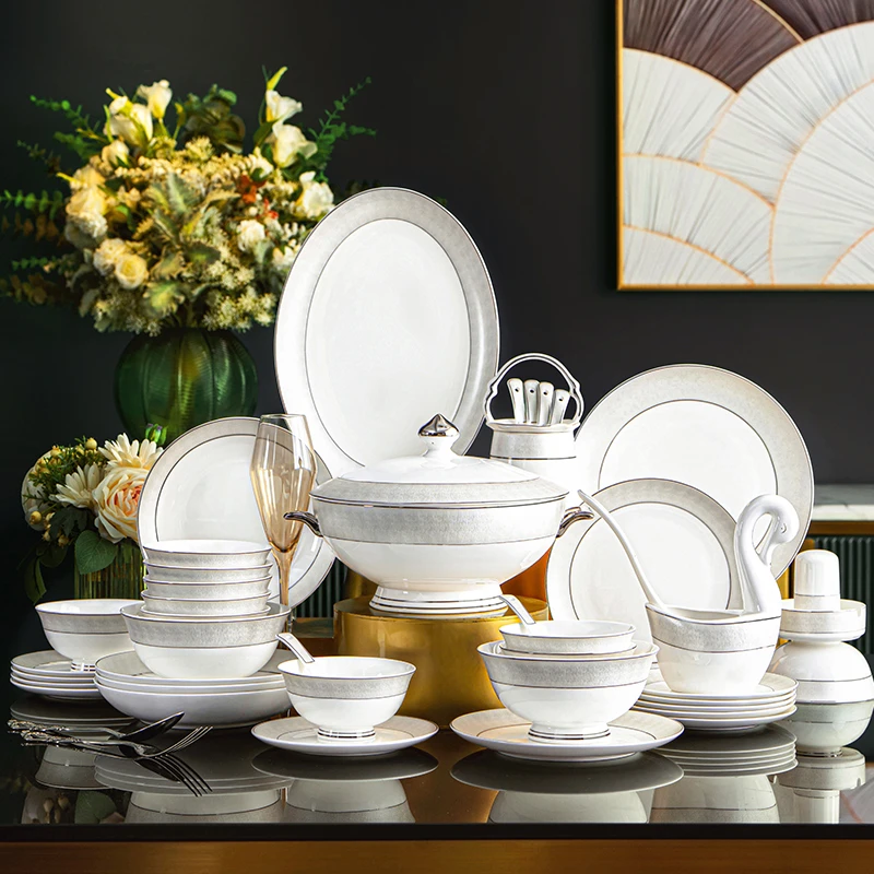 汉御鑫天空之镜70头景德镇家用送礼乔迁高档轻奢碗碟盘餐具套装