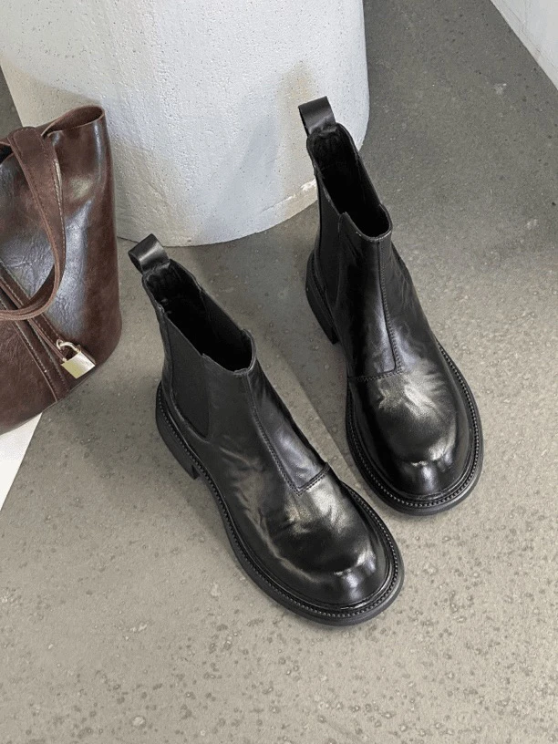 F11【胡桃木】达思图短靴一脚蹬切尔西靴女松紧口弹性舒适软底皮靴