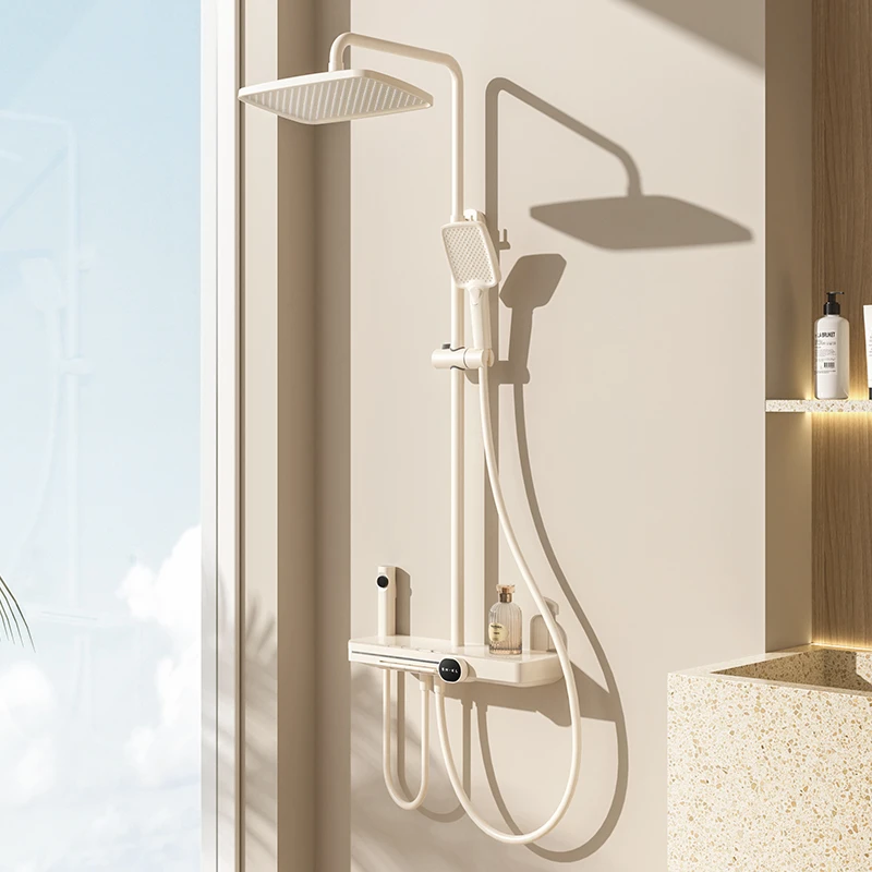 心海伽蓝奶白淋浴花洒S7S冷热钢琴按键家用大置物顶喷花洒套装