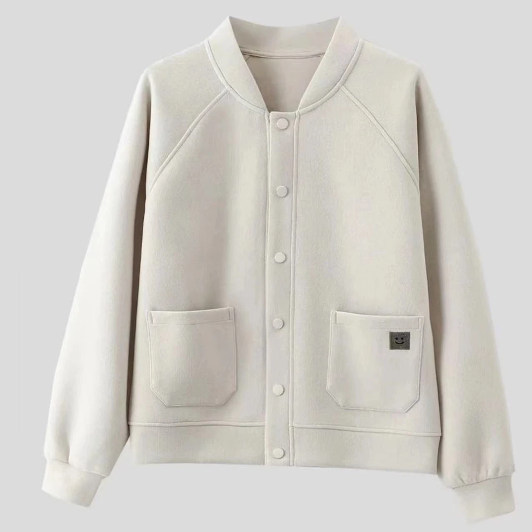 2025秋款宽松大码针织棉外套女贴布口袋立领棒球服开衫卫衣