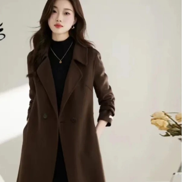 F001-羊毛大衣咖啡色女时尚款休闲百搭羊毛风衣显气质显瘦