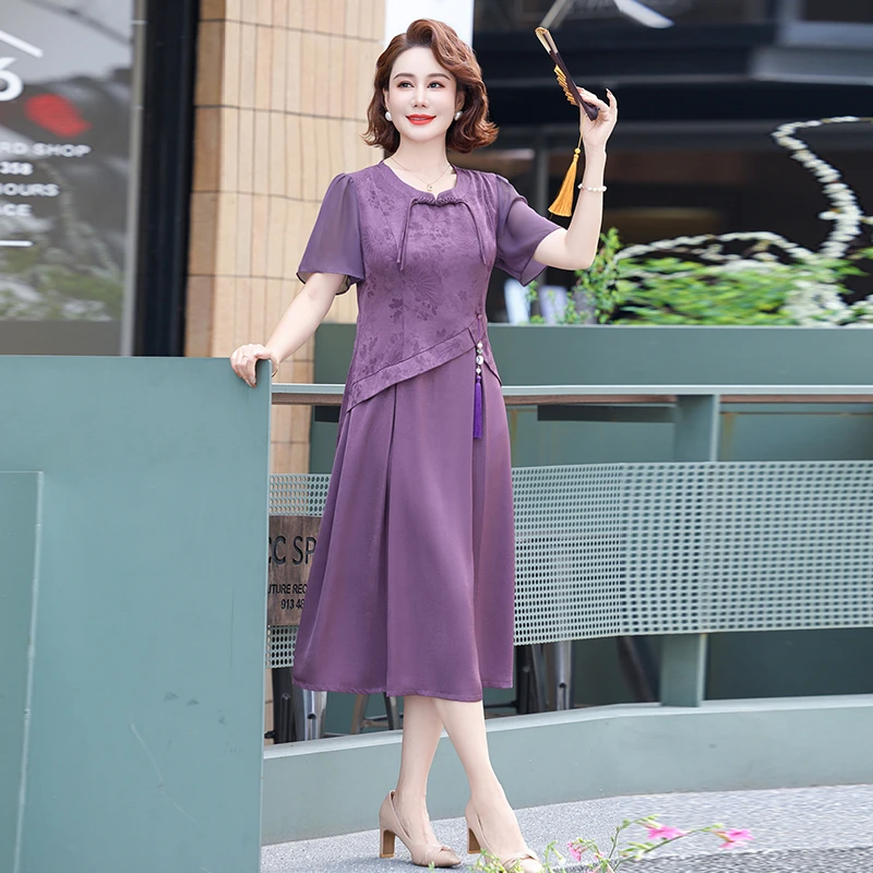 新款妈妈夏装连衣裙40岁50中年女旗袍裙子中老年女装国风长裙