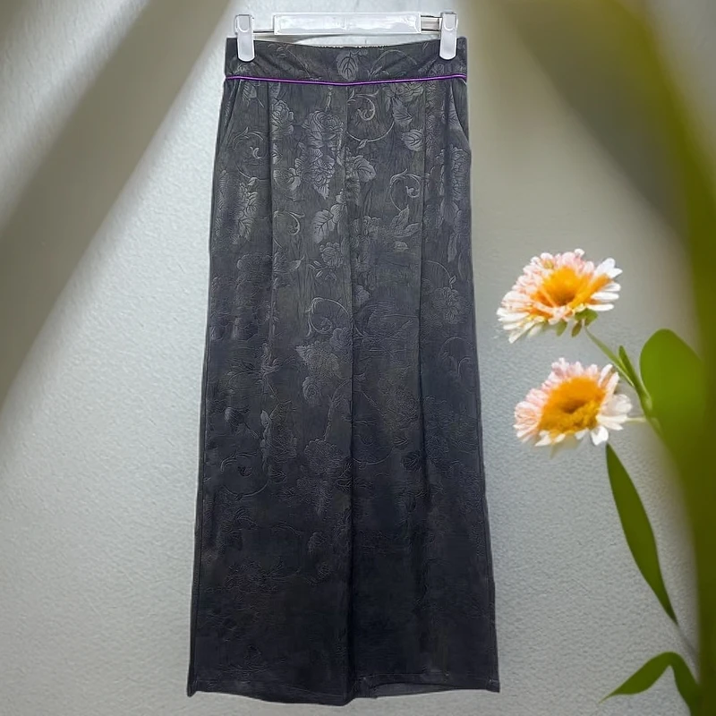 新款重缎压花国风直筒桑蚕丝阔腿裤长裤1102