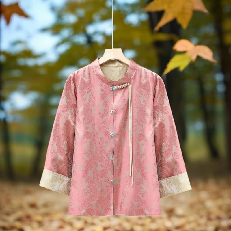 新中式国风双面双穿春秋女装外套盘扣对襟立领长衫印花复古0043