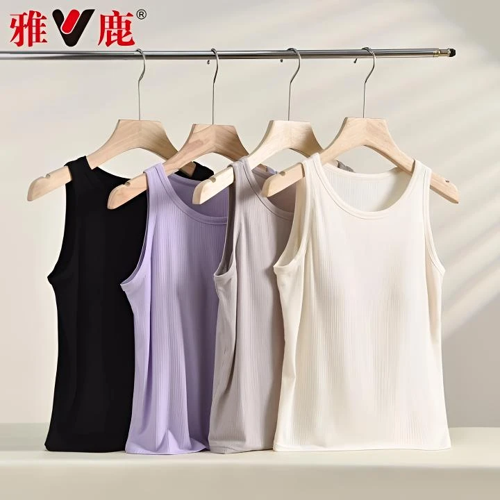 雅鹿带胸垫背心女夏季透气舒适圆领内搭无袖亲肤纯色包边外穿上衣