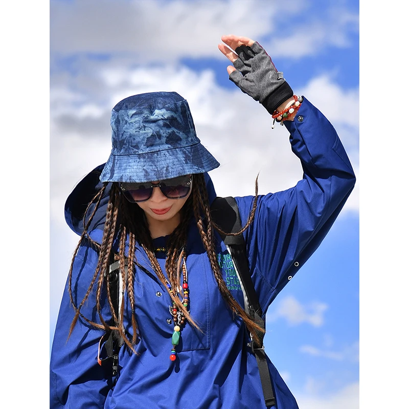 北京森林户外休闲文艺风牛仔扎染棉盆帽遮阳透气渔夫帽太阳帽男女