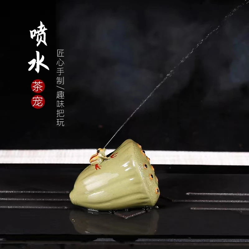 宜兴手工茶玩雕塑个性创意手工茶玩可养茶摆件可喷水青蛙茶宠