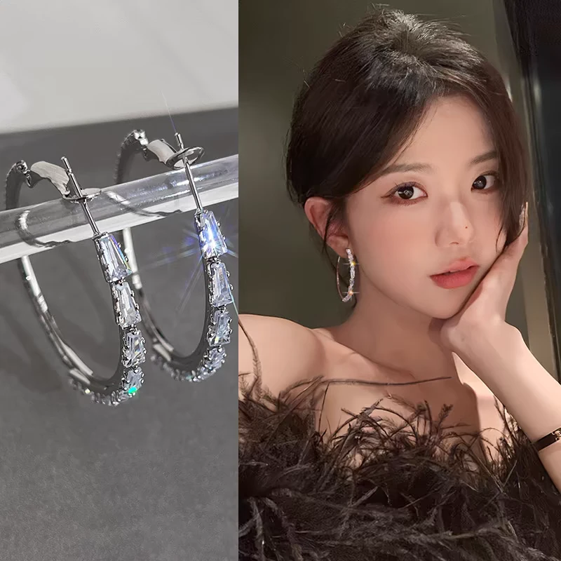 铜合金耳饰 【寻觅】高级锆石圈圈冷淡风耳钉夸张大耳圈女耳饰