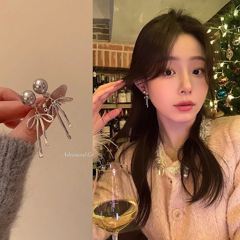 铜合金耳饰 两戴式灰珠珠耳环女蝴蝶结耳饰2024爆款高级感耳钉