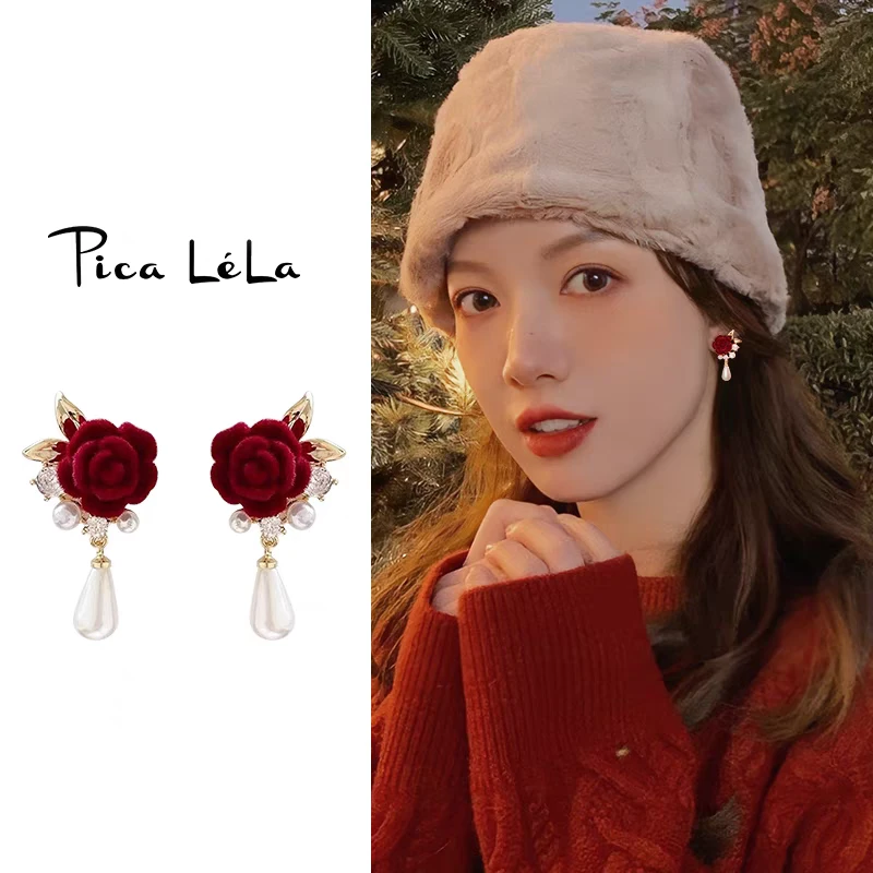 铜合金耳饰 红色丝绒玫瑰花朵耳环复古耳饰气质新款植绒礼服耳钉