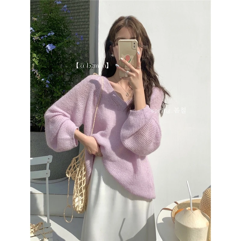 奶fufu软糯V领紫色马海毛毛衣女秋冬慵懒风松弛感内搭针织衫上衣