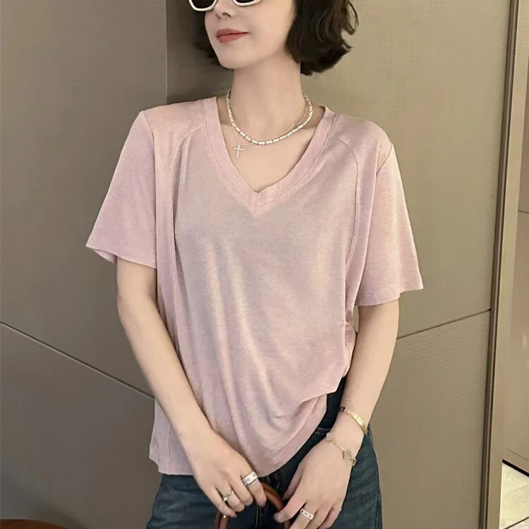 夏款V领韩系纯色显瘦面膜T恤