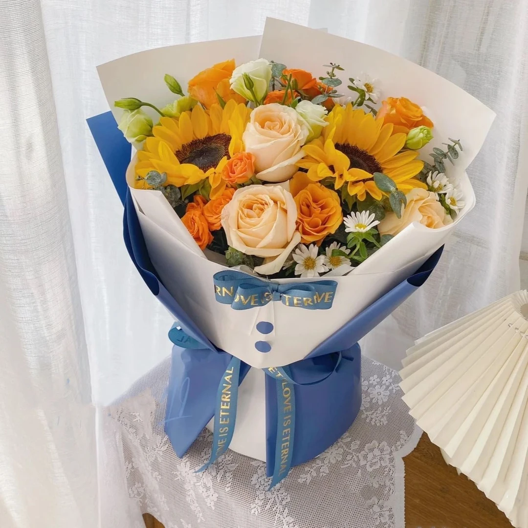 【绅士花束】生日礼物2枝向日葵3朵香槟玫瑰花束送爸爸老师亲友长辈