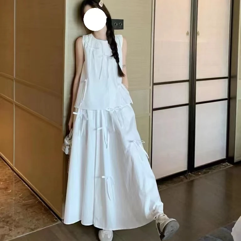 丑哥工厂直营~甜美风夏季设计蝴蝶结宽松白色无袖背心高腰半身裙