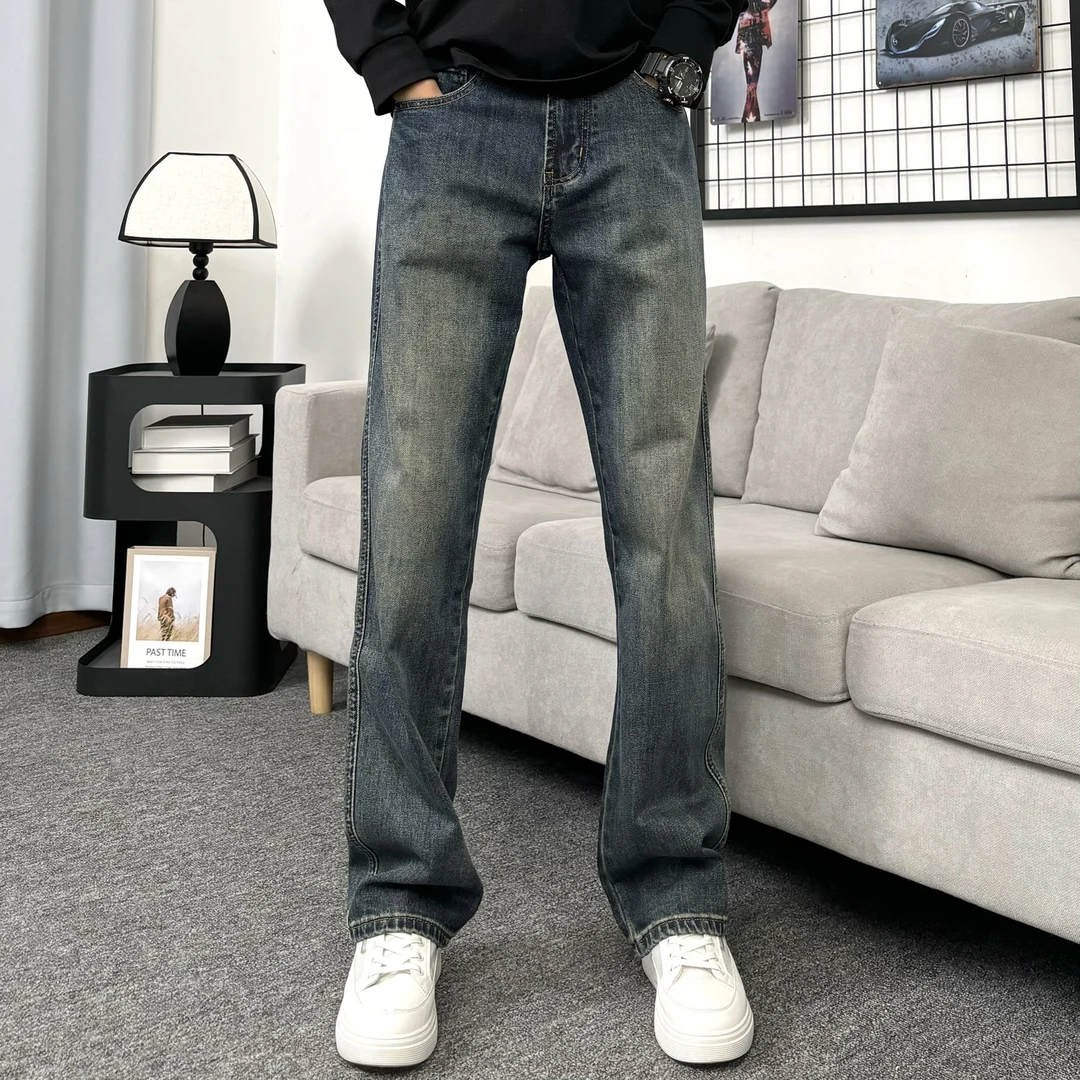 微弹蓝色阔腿直筒牛仔裤潮流潮牌美式休闲宽松遮肉显高男生裤子