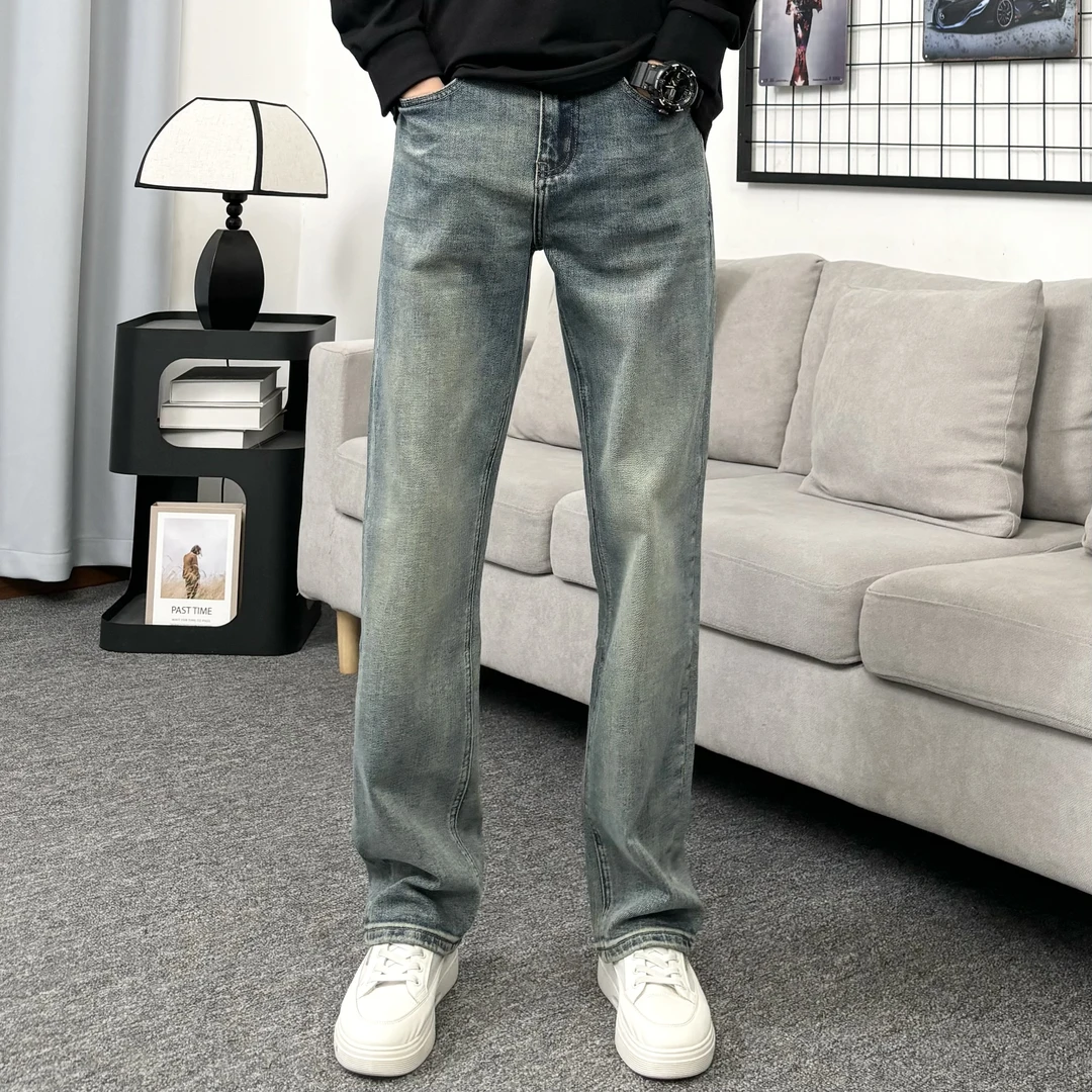 秋冬新款微弹性潮牌ins水洗美式牛仔裤百搭做旧高街设计感牛仔裤