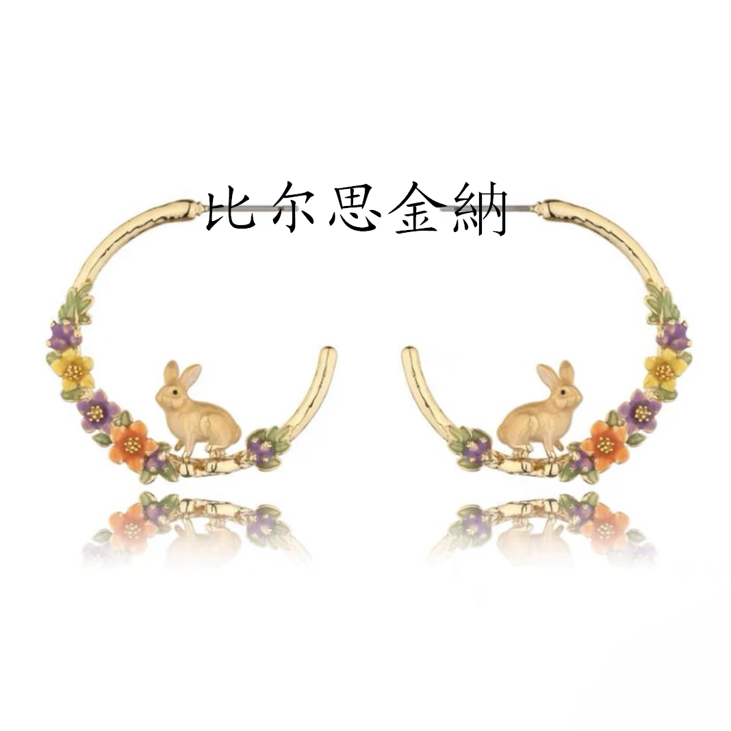 翡莱雅 英国手绘珐琅设计师花园金兔耳环-2080